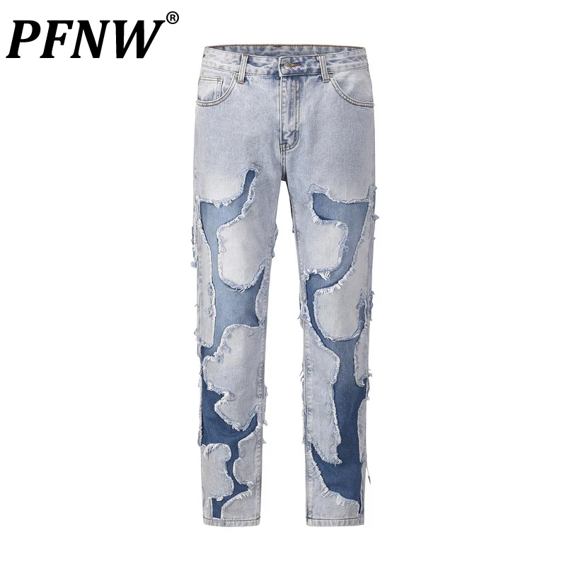 

PFNW Spring Autumn New Men's Fashion Vintage Patchwork Worn-out Cat Whisker Jeans Leisure Tide Streetwear Denim Pants 12A7764