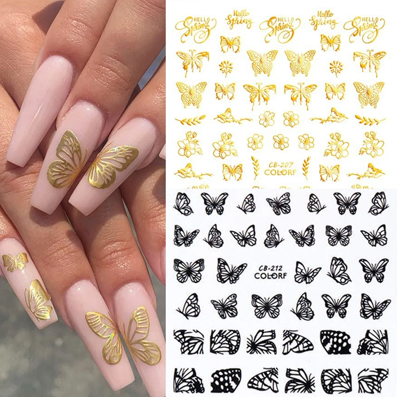 

1 Sheet Laser Nail Art Decals Butterfly Gold Silver Black White Nail Stickers Heart Nails Designs Slider DIY Nail Art Decotaion
