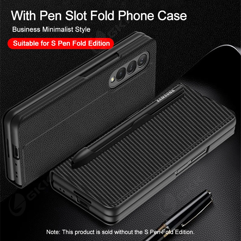 

Suitable for Samsung fold3 phone case folding screen pen slot creative plain leather full cover flip leather case anti drop case