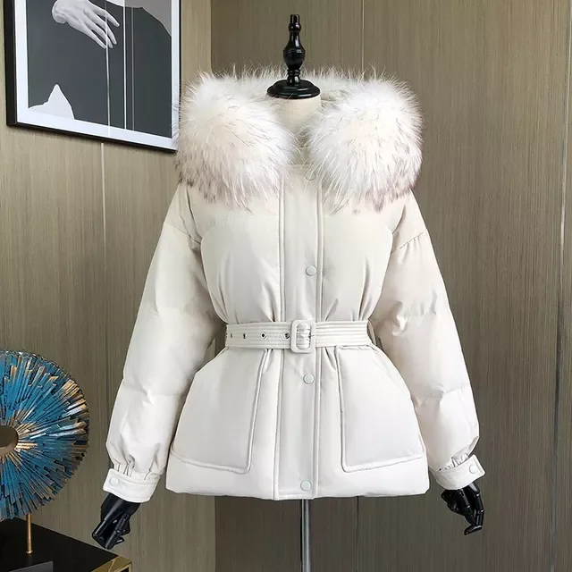

2022NEW Large Natural Raccoon Fur Winter Jacket Women 90% White Duck Down Coats Thick Female Parkas Sash Tie Up Short Snow Coat