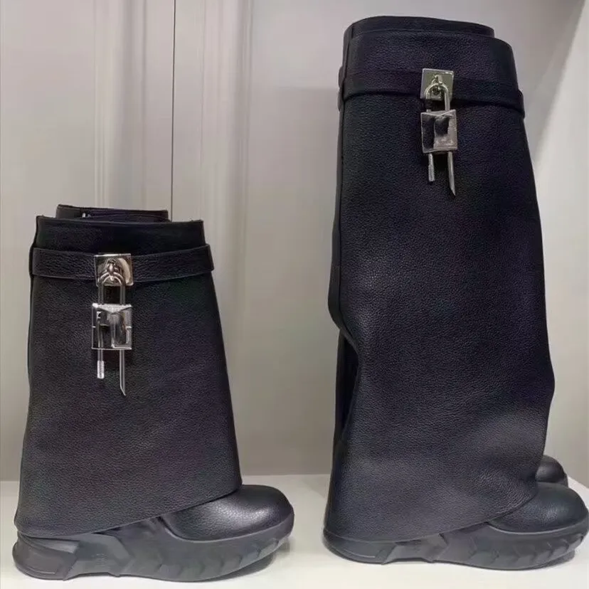 GCYFWJ Shark Lock Women Mid-Calf Boots Woman Genuine Leather Wedge Platform Round Toe Botas Mujer 2022 Metal Decoration Boots