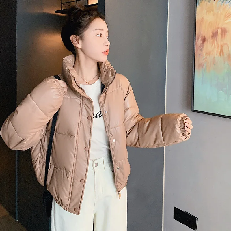 GRELLER Winter Warm Thick PU Leather Coats Women Short Parkas Fashion Black Cotton Padded Lady Down Jacket Zipper Clothes 2022