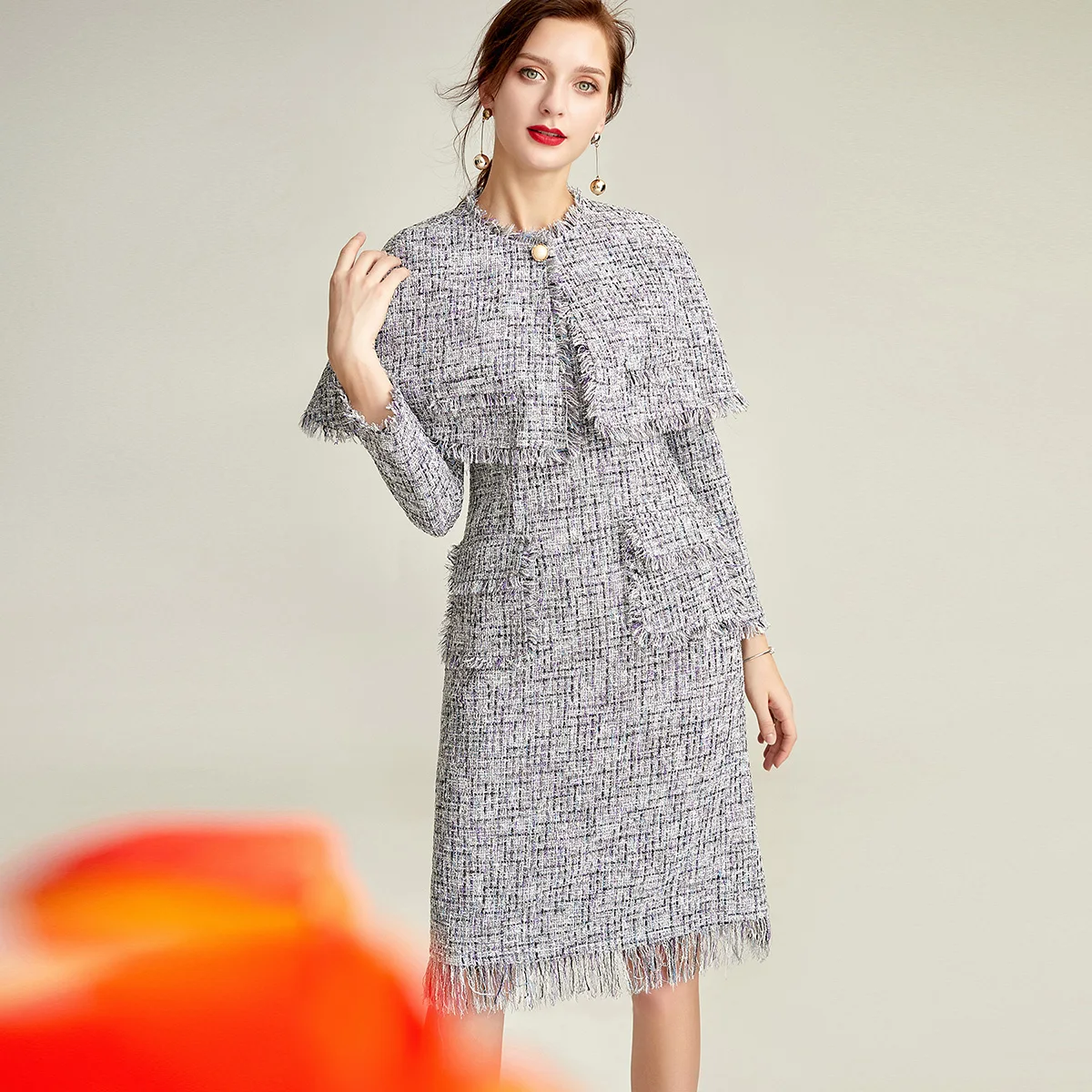 

Женское прямое платье до колена, серое офисное платье с длинным рукавом, приталенное платье во французском стиле, весна