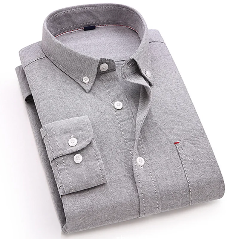 100 Cotton Oxford Men Shirt Plaid Striped Solid Long Sleeve Casual No Fade Slim Fit Male Blouse