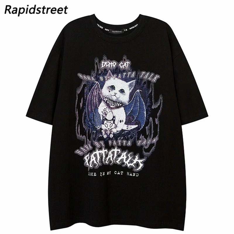 

Men Hip Hop Streetwear T-Shirt Harajuku Cat Letter Printed T Shirt 2022 Summer Short Sleeve Tshirt Cotton Loose Tops Tees Black