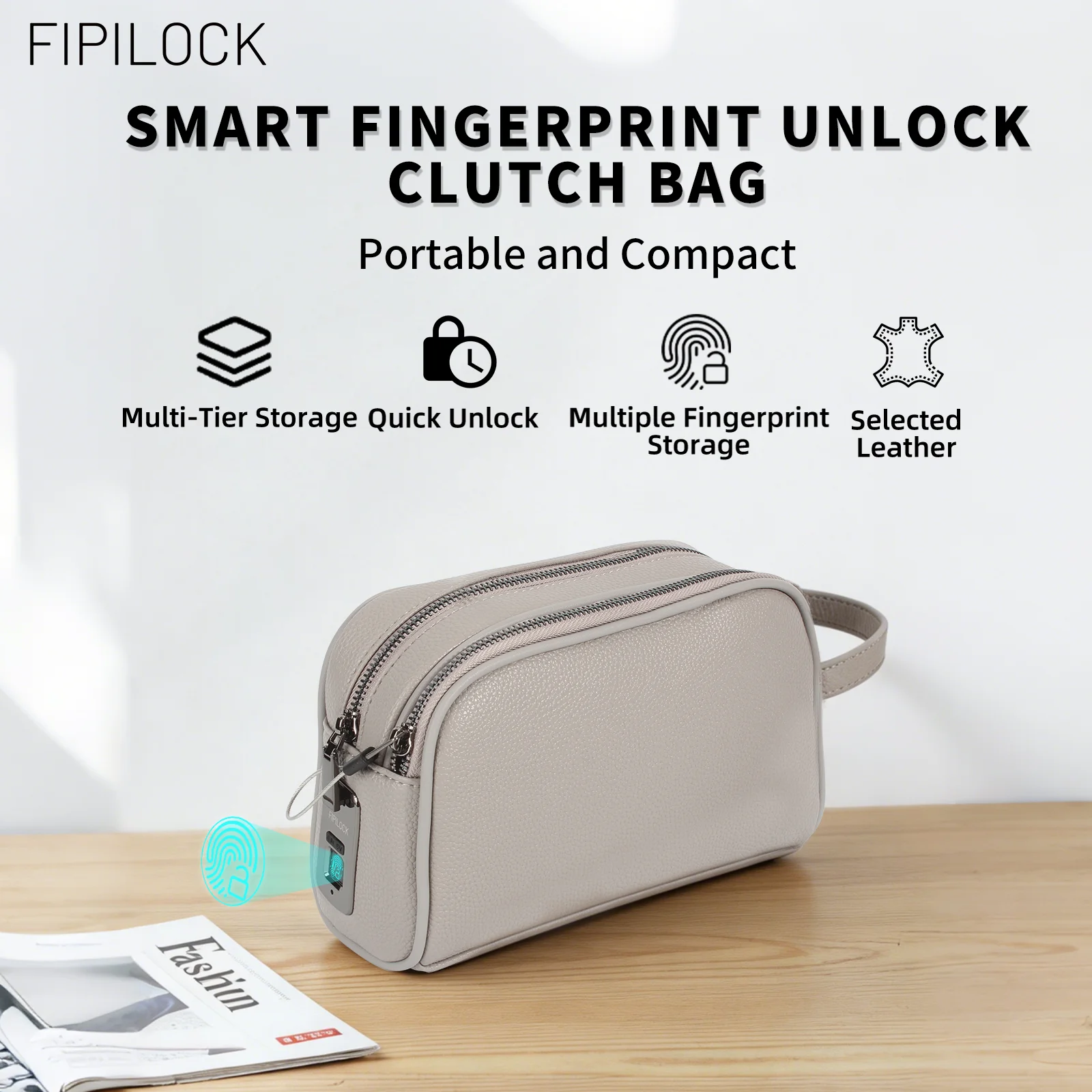 Фото Сумки-клатчи FIPILOCK оптом для мужчин и женщин с функцией умной разблокировки по отпечатку пальца, защитой от кражи и взлома, унисекс, модные. №2
