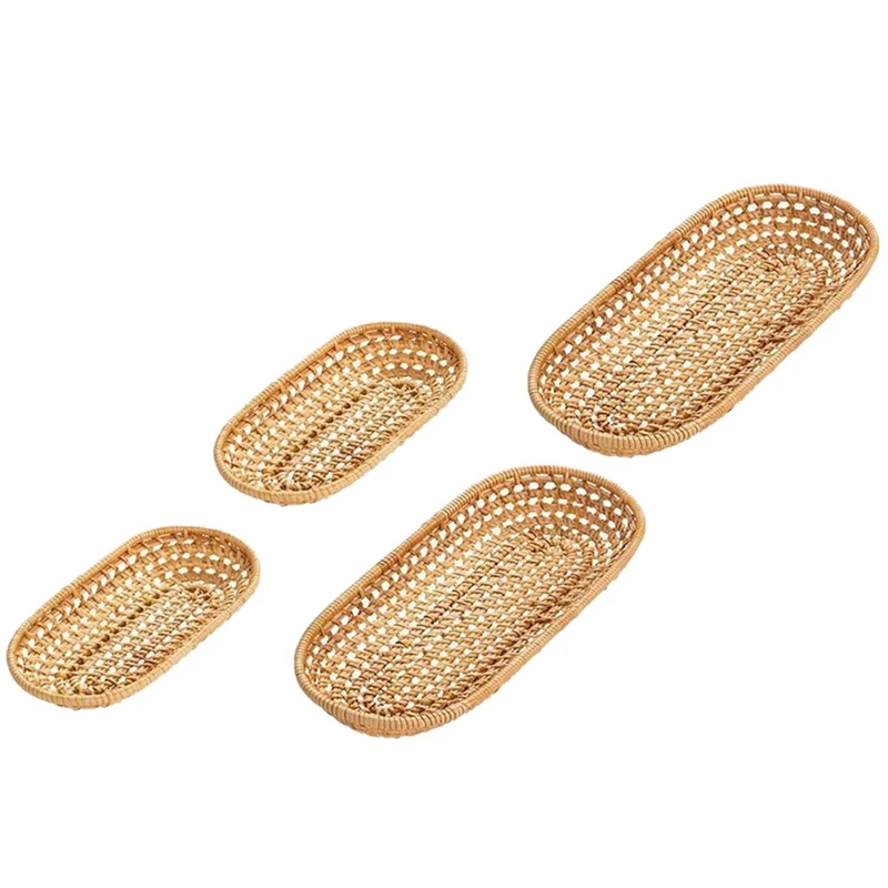 

4 Pack Bread Wicker Basket,Woven Bread Fruits Basket,Oval Handmade Rattan Serving Tray For Home Party Food Coffee,Etc