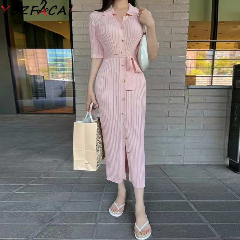 

Women Dress Purple Elegant Long Knit Bandage Korean Fashion Dress Summer 2022 Lapel Single Breasted Black Stretch Dress Pink