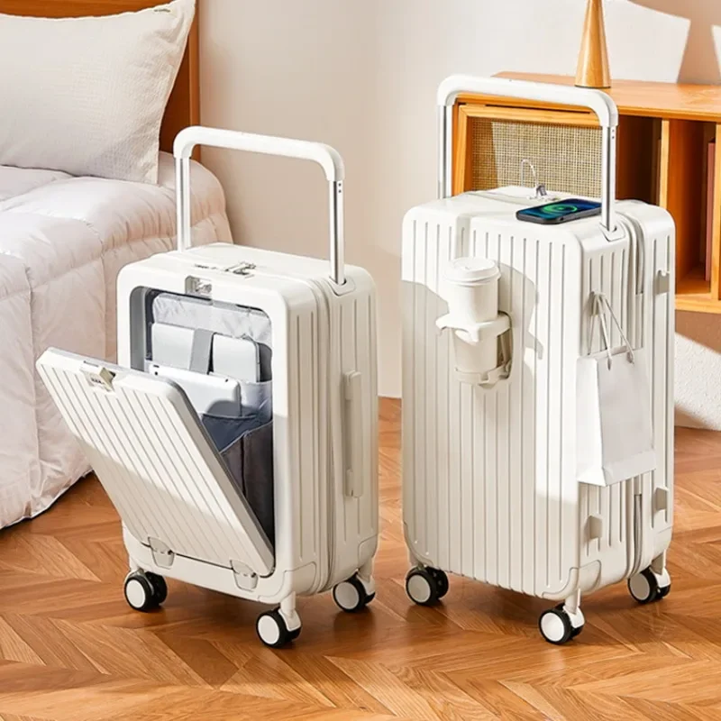 New 20&quot22&quot24&quot26 Inch Travel Suitcase Multifunctional Front Open Cover Trolley Case with Cup Holder Boarding Box Rolling Luggage
