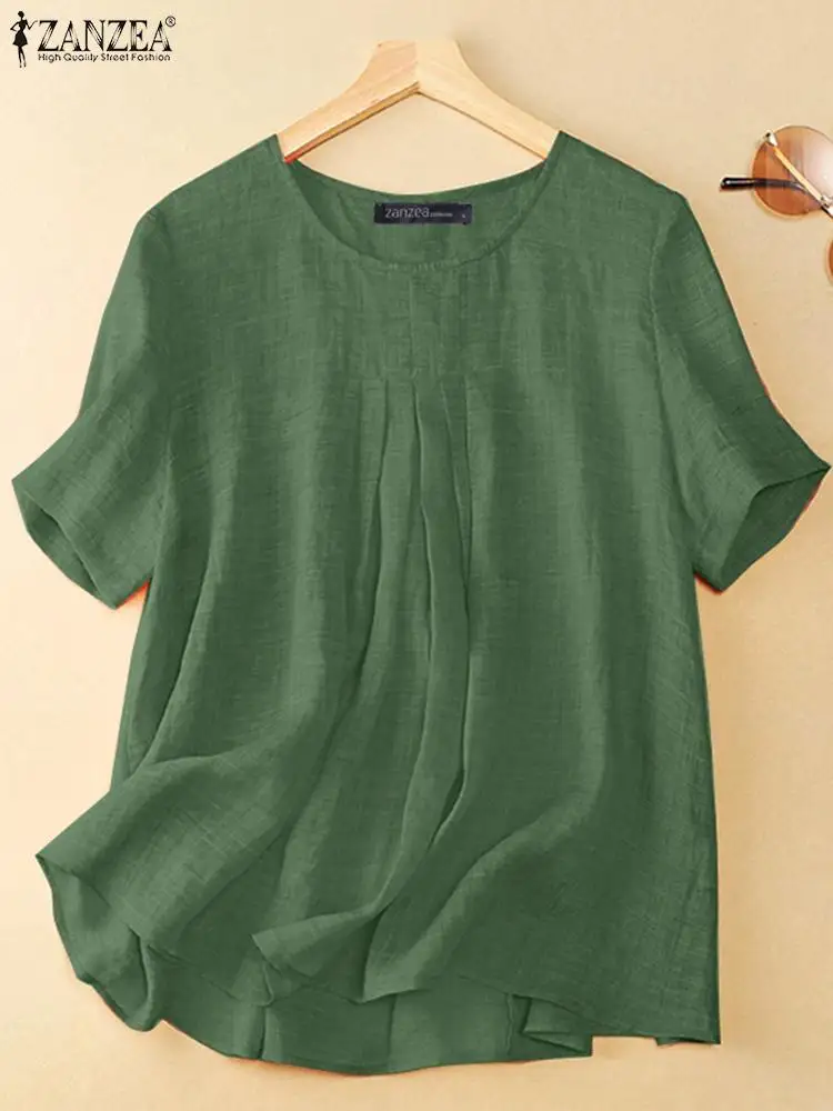 

ZANZEA Summer Solid Tunic Tops Women O Neck Short Sleeve Blouse Vintage Party Work Shirt Female Casual Loose Blusas Chemise 2023