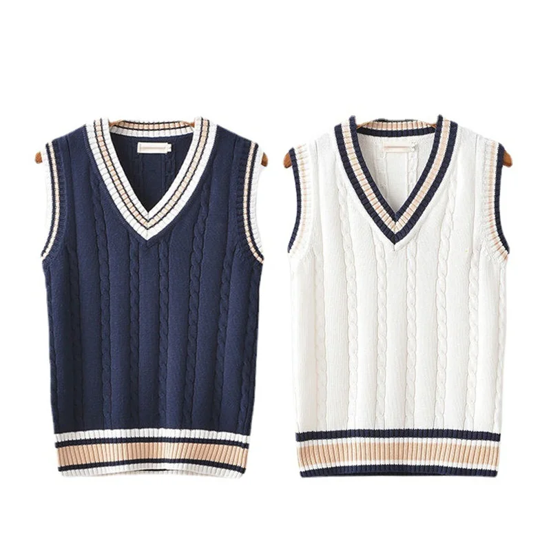 Sweater Vest Men Thicken V-neck Sleeveless Knitted Sweaters Vests Striped Retro Preppy-style Simple Chic Loose Casual All-match