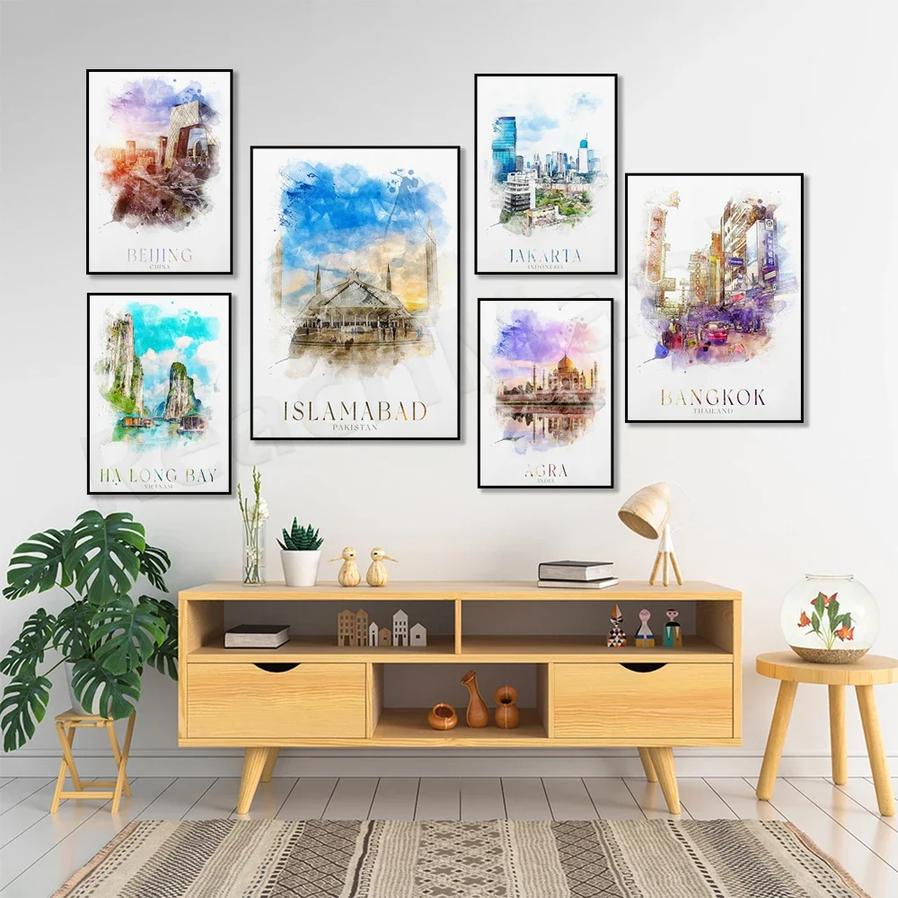 Halong Bay Vietnam Bangkok Thailand China Delhi India Agra Islamabad Pakistan Jakarta Indonesia watercolor travel poster