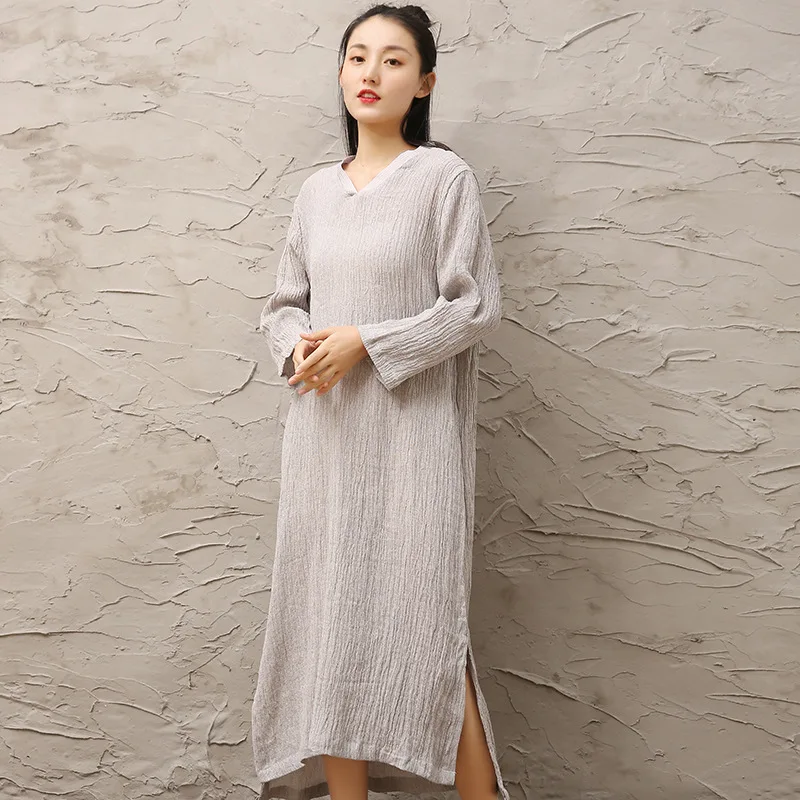 

Female Vintage Cotton Linen Loose Waist Pleated Folds Midi Dress Big Size Casual Everyday Comfy Straight Long Sleeve Long Dress