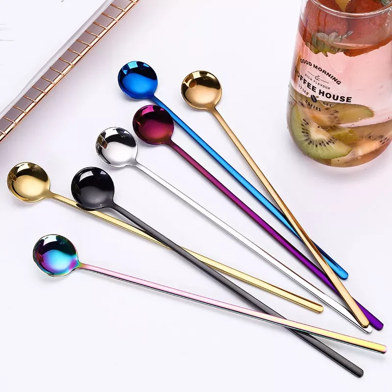 

New Long Handle Round Spoon Milk Tea Coffee Stirring Scoop Stainless Steel Coffee Spoon Dessert Spoon Cafe Kitchen Tableware