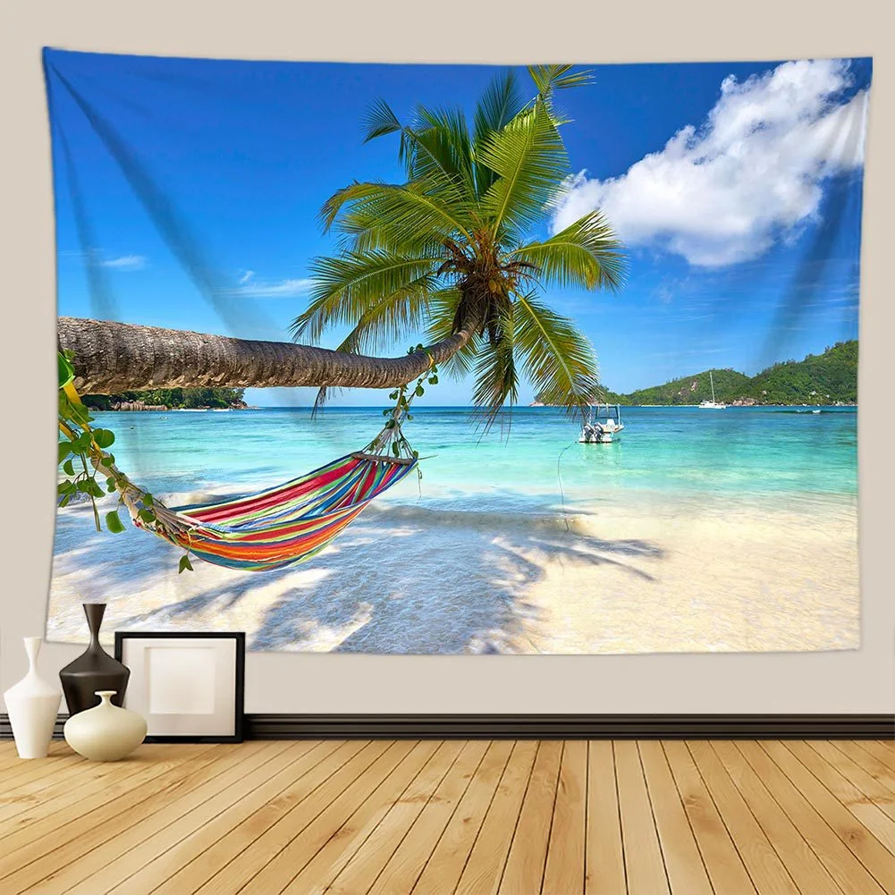 Настенный гобелен с изображением солнечного зеленого пальмы на пляже недорогой