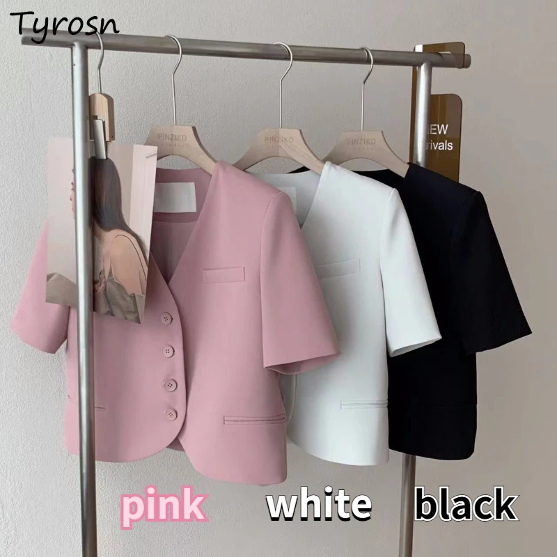 

Casual Blazers Women V-neck Design All-match Temperament Office Ladies Basic Summer Short-sleeve Pure Simple Ulzzang Chic Crop