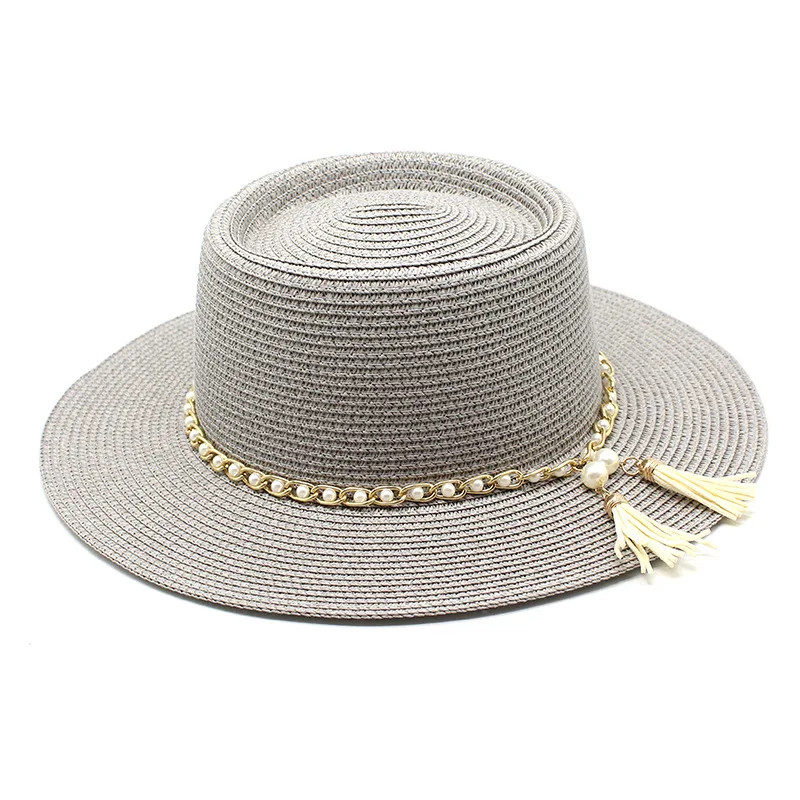 

Summer Women Summer Beach Boater Hat Bow Raffia Hat Temperament Flat Cap Straw Hats Peearl Chain Women's Sun Caps Fedoras