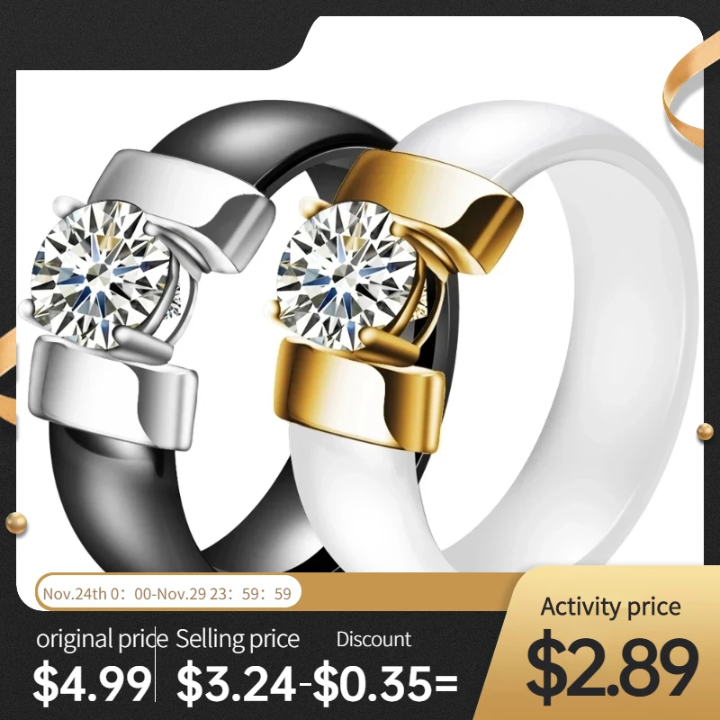 

6mm White Black Ceramic Rings Plus Cubic Zirconia For Women Gold Color Stainless Steel Women Wedding Ring Engagement Jewelry