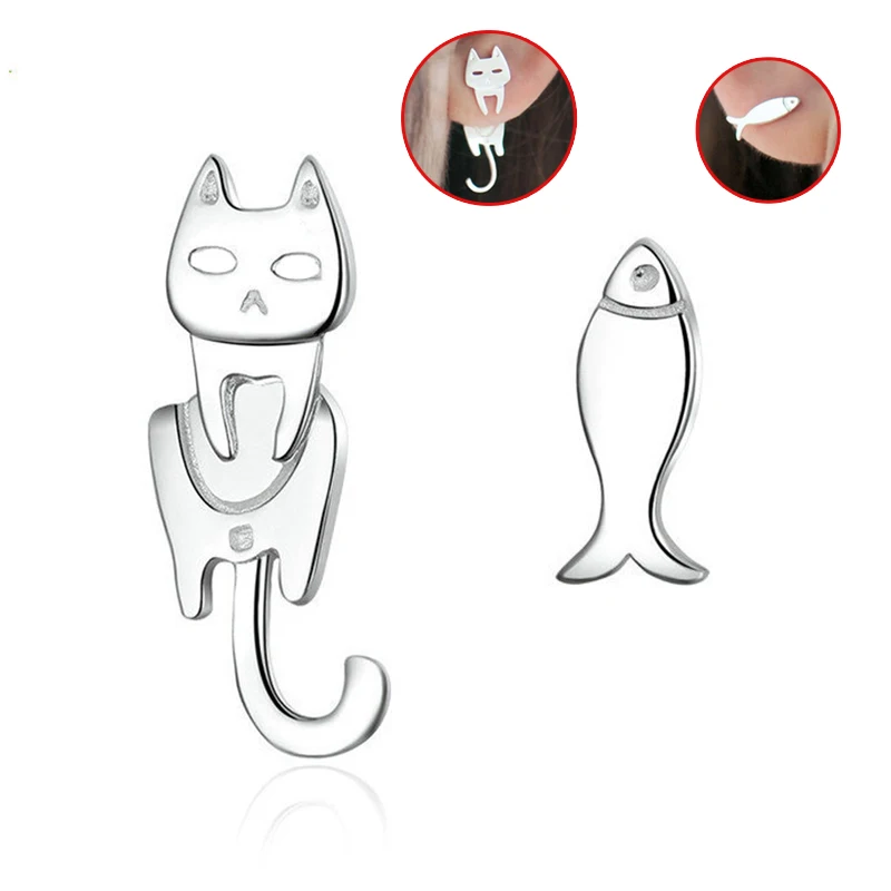 

Stud Earrings S925 Silver Party Pearsonalized Gifts Cat&Fish Jewelry