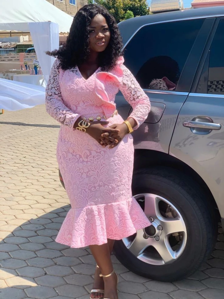 

African Women Pink Lace Dresses Midi Mermaid Long Sleeve Ladies Party Birthday Dress Bodycon Large Size Formal Event Dress