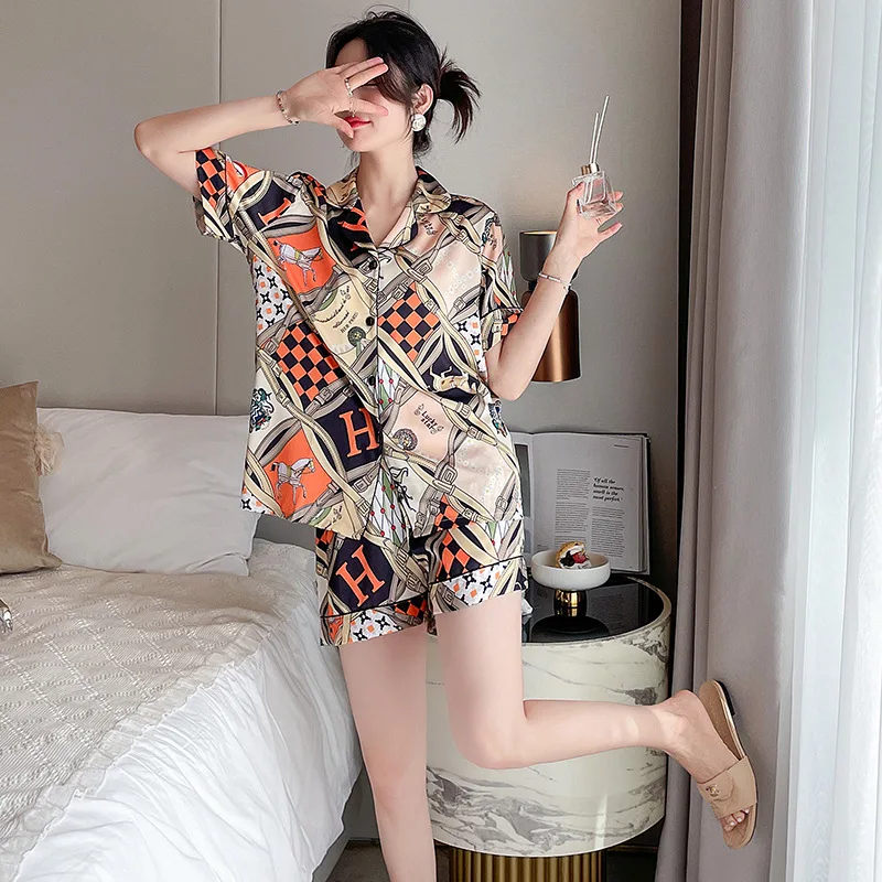 New Pajamas Women's Summer Artificial Silk Lapel Short-Sleeved Shorts Trendy Printed Casual and Comfortable Homewear Suit