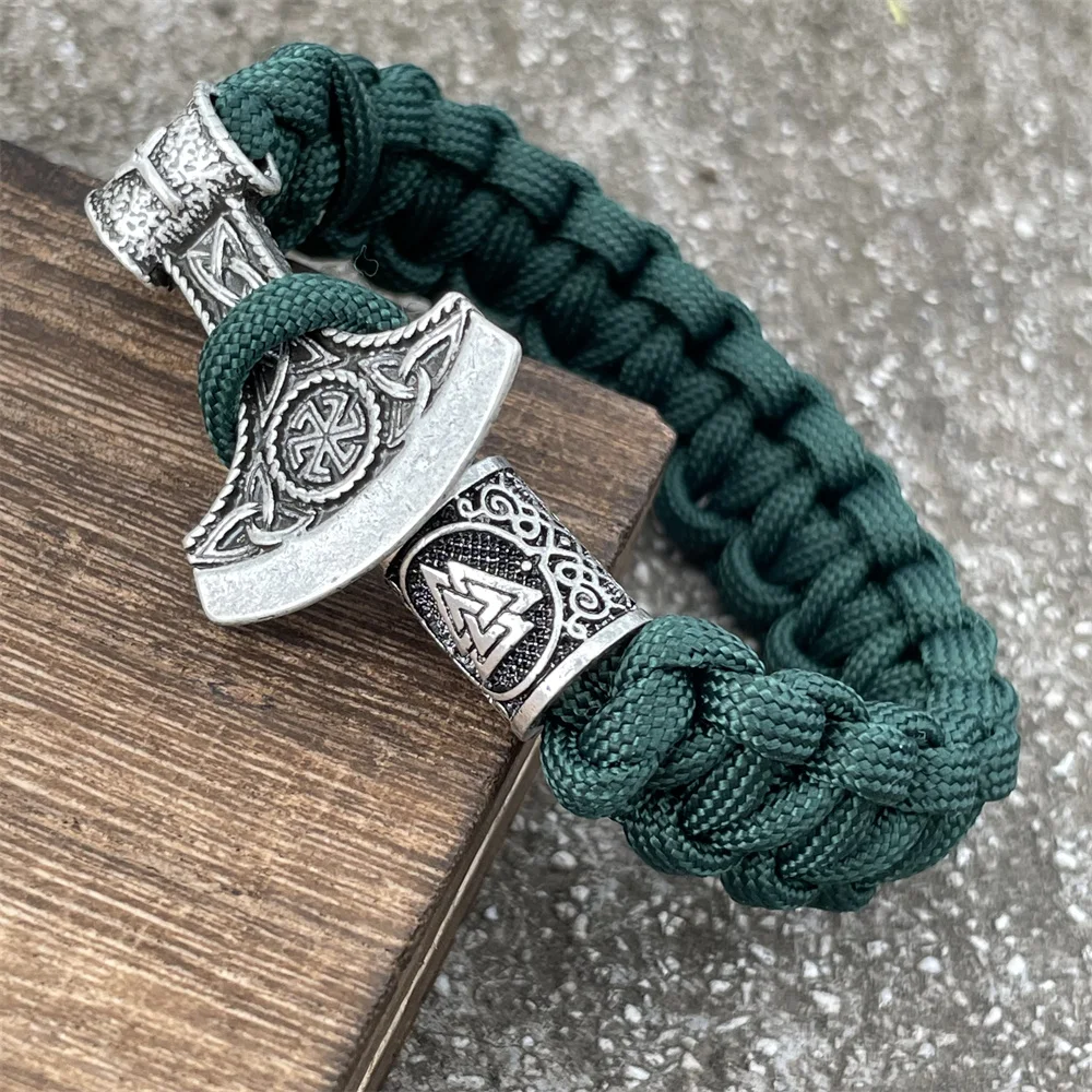 

Norse Axe Slavic Kolovrat Charm Handmade Braided Paracord Bracelet Viking Accessories Diy Runic Beads