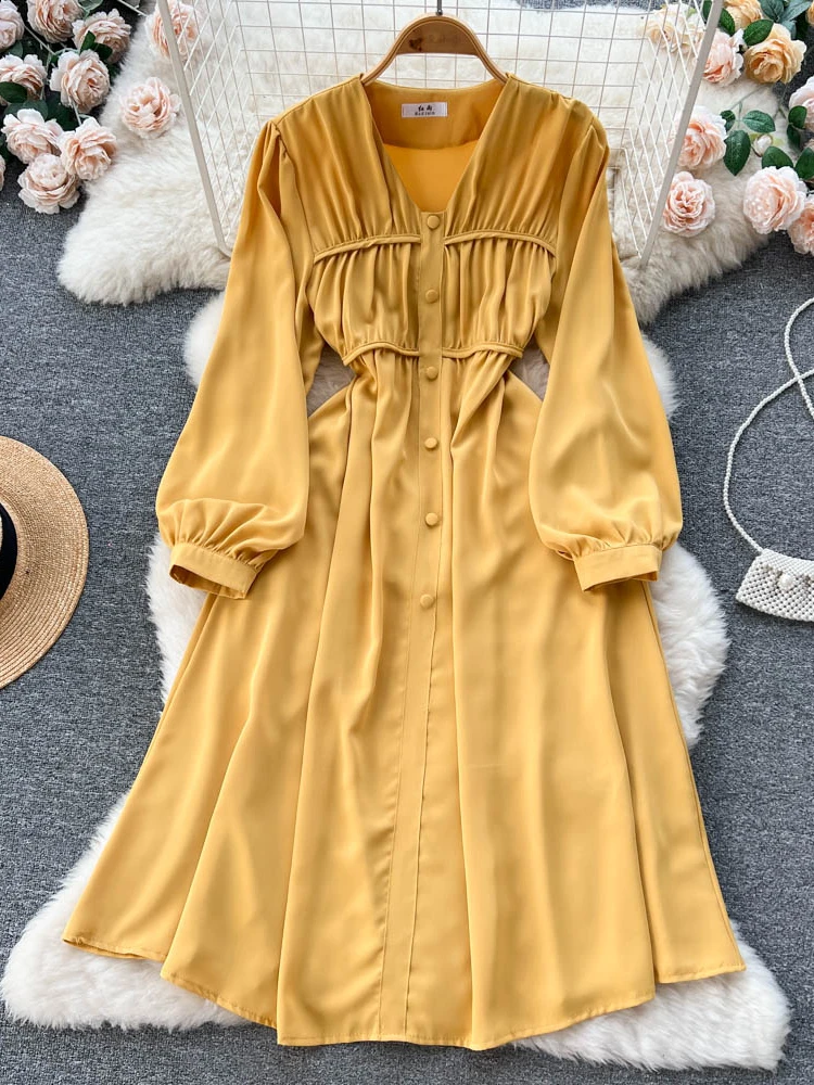 

Aibeautyer New Casual Spring Autumn Solid Slim Full Lady Dress A Line V Neck Chiffon Single Breasted Button Women Dresses