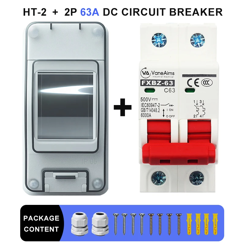 

Солнечный отключатель DC500V Миниатюрный автоматический выключатель 2P с коробкой IP65 6A 10A 16A 20A 25A 32A 40A 63A для наружной фотоэлектрической системы