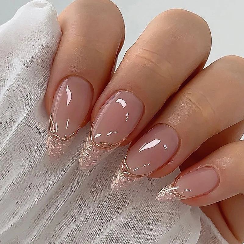 

24pcs French Nails Sticker Almond Natural Nude False Nails Shimmer Halo Glitter Shards Artificial Nails Full Cover Wearable