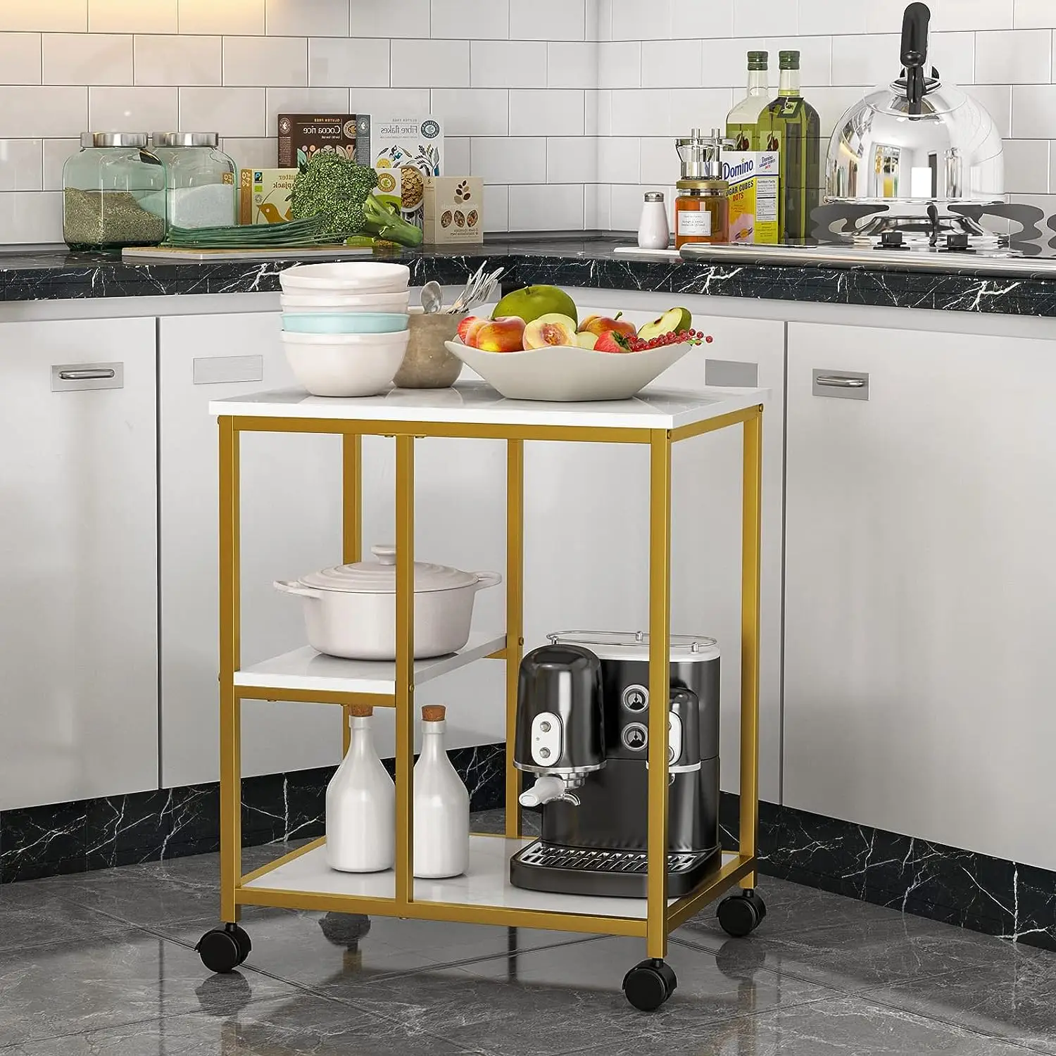 

Bar Cart, Utility Bar Serving Cart Kitchen Island Rolling Cart on Wheels with Shelves for Living Room, Office, Coffee