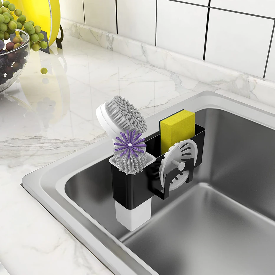 

4 in 1 Sponge Holder Kitchen Sink Caddy Stainless Steel Brush Sponge Dishcloth Sink Stopper Holder for Bathroom No Drilling