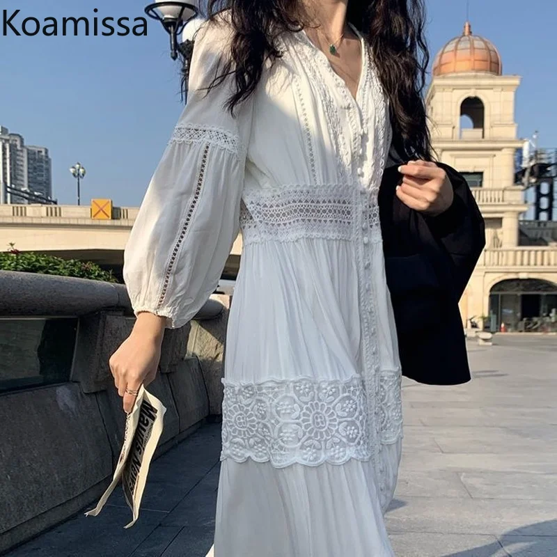 

Женское кружевное платье макси Koamissa, Элегантное однобортное платье с длинным рукавом и V-образным вырезом, праздничное платье для весны и осени