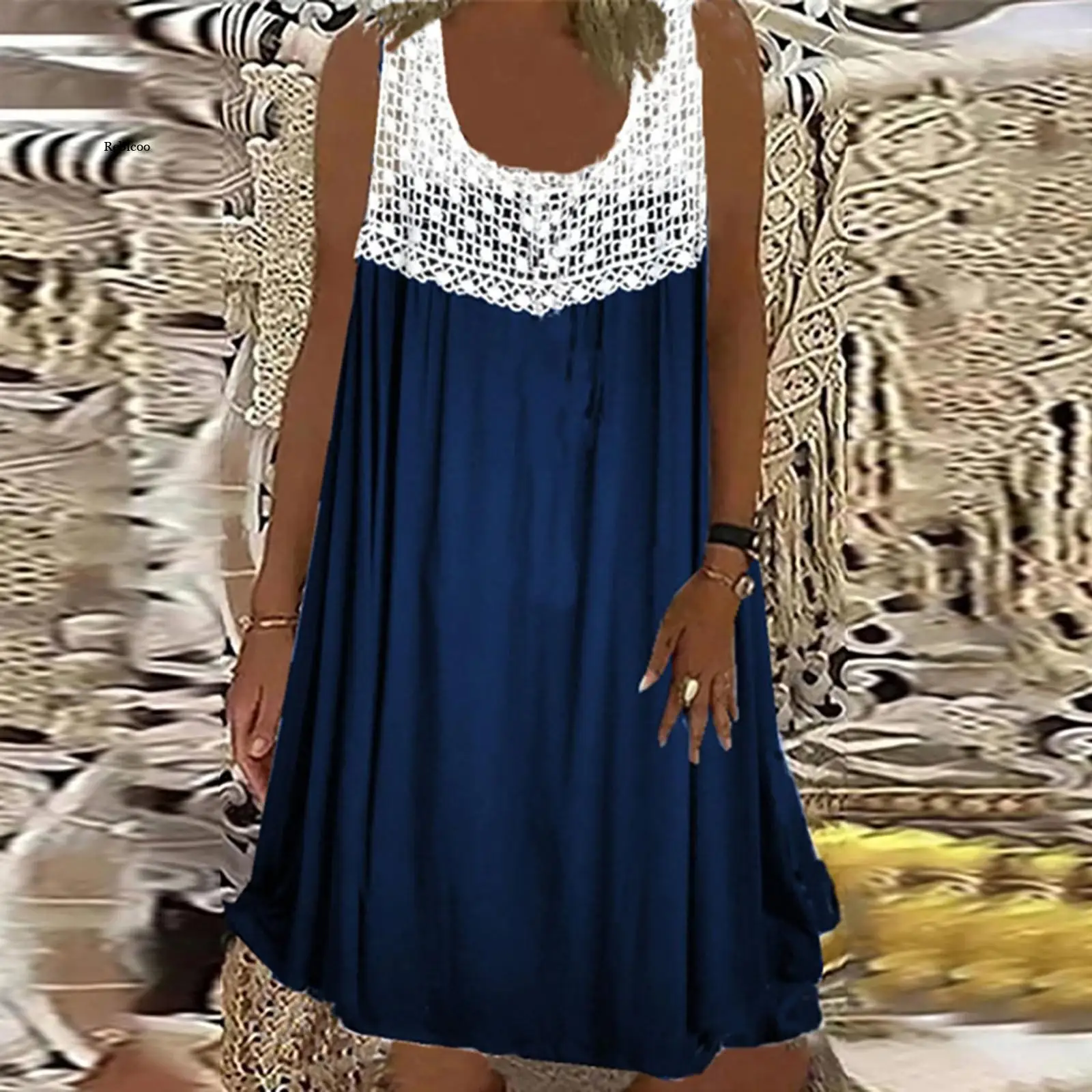 

Plus Size Dresses For Women Flower Lace Hollow out Sleeveless Summer Drerss Ladies Round Neck Midi Dress Female