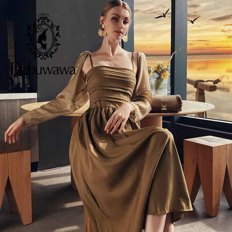 Dabuwawa Chic puff long sleeve mesh summer dress women A-lines quare collar long dress mujer vestidos 2022 new DF1BYL002