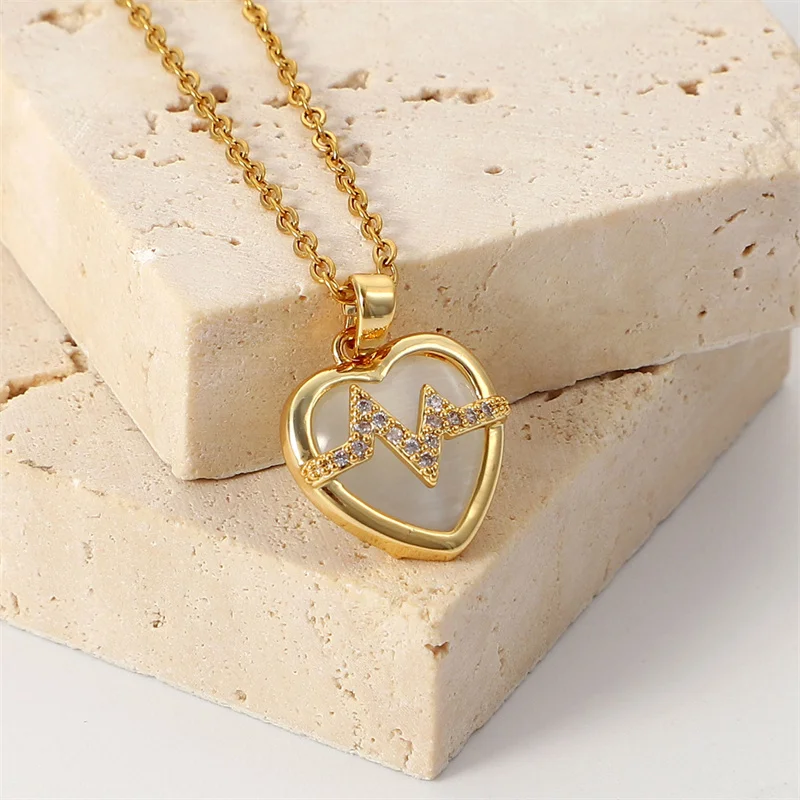 

YW GAIRU Simple Cute 18K Gold Plated Stainless Steel Heart Opal Woman Necklace Luxury Heartbeat Jewelry Party Girlfriend Gift