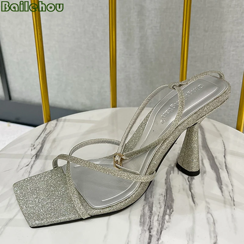 

Women Modern Sandals Peep Toe Thin High Heels 2022 New Fashion Bling Party Ladies Summer Pumps Female Shoes Square Toe Slides