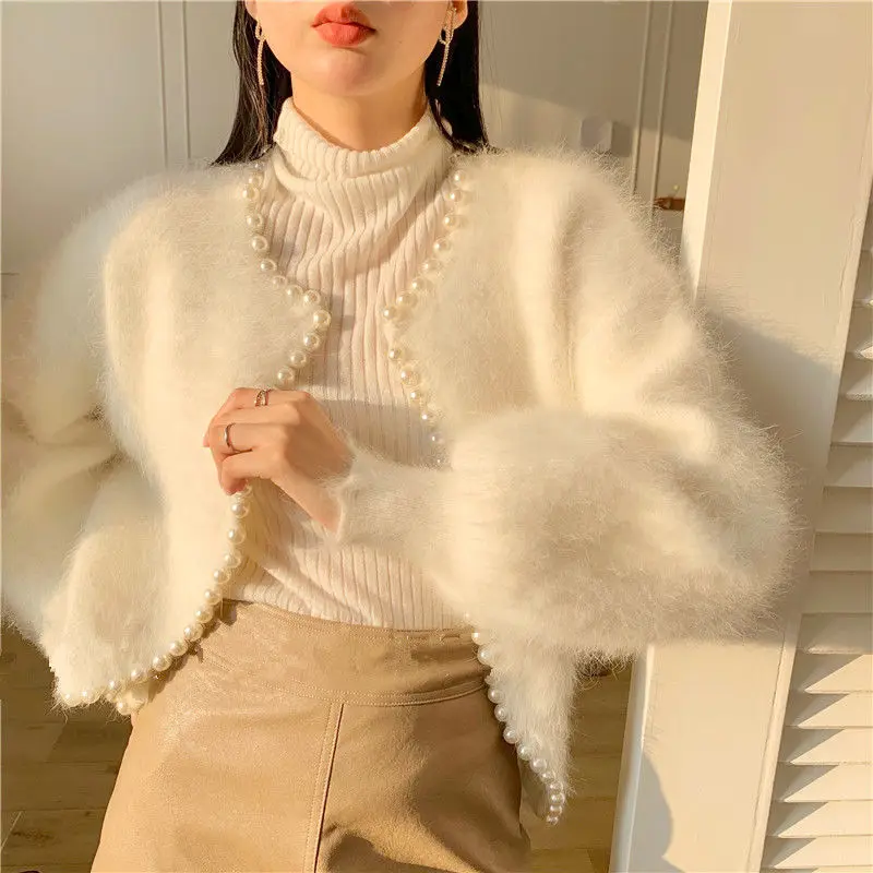 

Sweet Lantern Sleeve Mink Cashmere Sweater Knitted Cardigan Korean Beads 2021 New Causal Knitwear Open Stitch