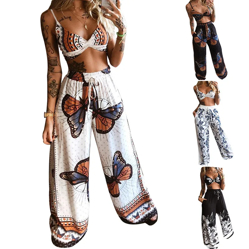 

Elegant Print Straplesss Crop Top + High Waist Wide Leg Pants Two Piece Set Outfits Loose Tracksuit Clothing Suit Streetwear
