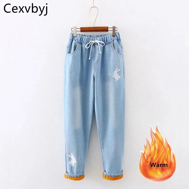 Women's Fleece Lined Warm Jeans High Waist Embroidery Casual Harem Pants Winter Vintage Blue Thicken Baggy Denim Trousers
