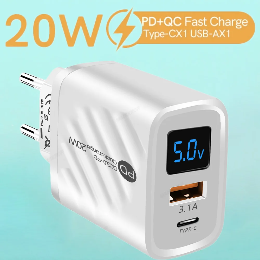 

USB Charger Quick Charge 3.0 Fast Charging 20W Wall Adapter With LED EU/US/UK Plug For iPhone 14 13 Xiaomi Type C Phone Charger
