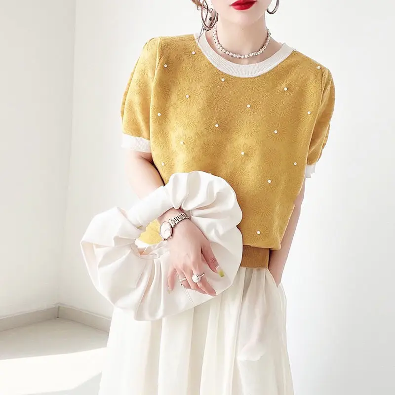 

Female t shirt 2022 Summer new round neck bubble sleeve breathable fashion beautiful short o neck thin T -shirt top female
