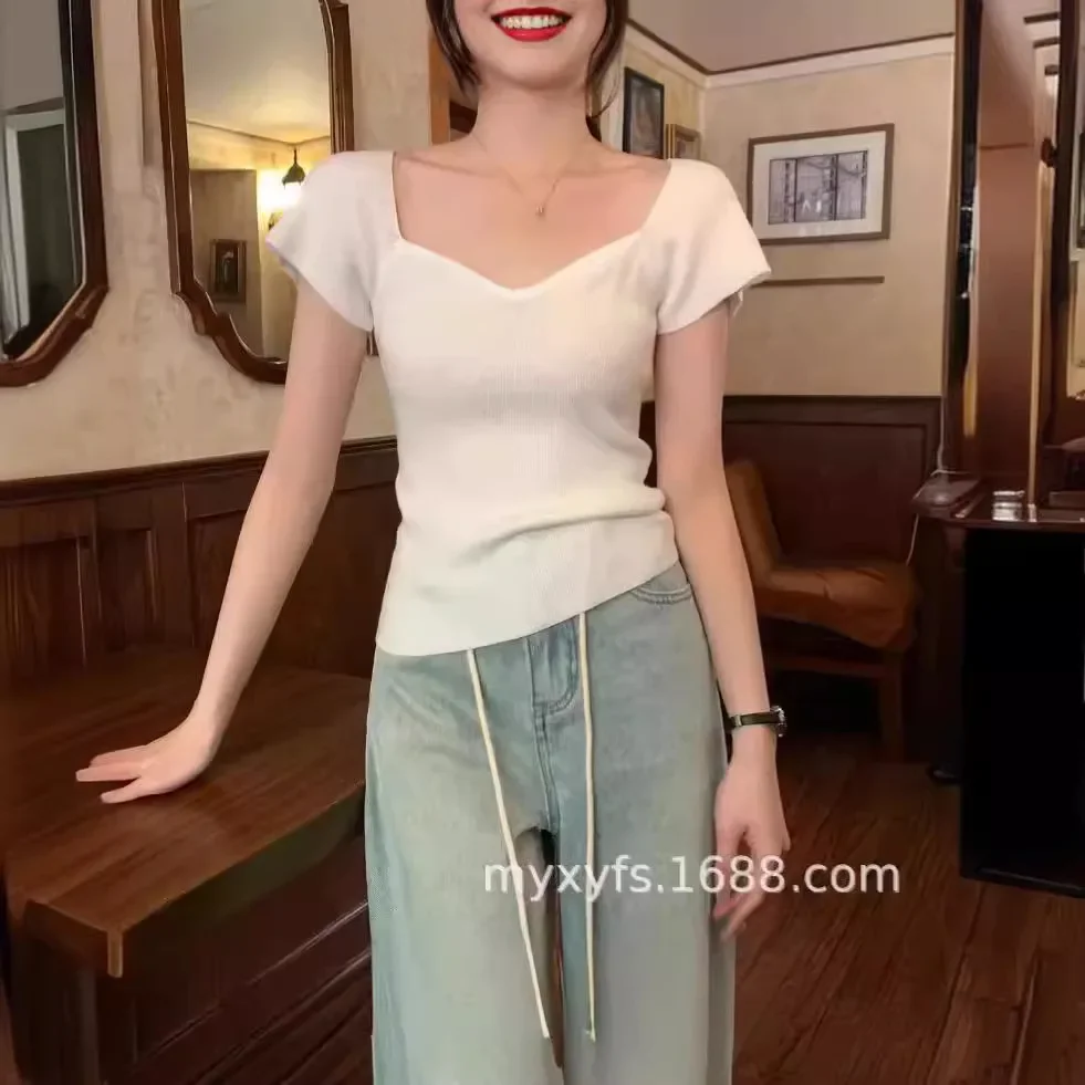 Разумный Женский трикотажный топ с V-образным вырезом и коротким рукавом