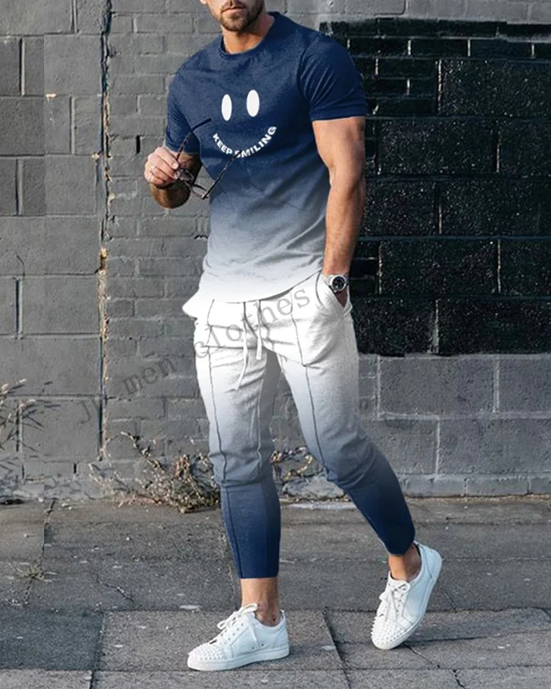 

Новинка, летняя мужская крутая рубашка с коротким рукавом и брюки с улыбающимся лицом, модный брендовый Повседневный осенний стильный комплект с 3D рисунком смайлика