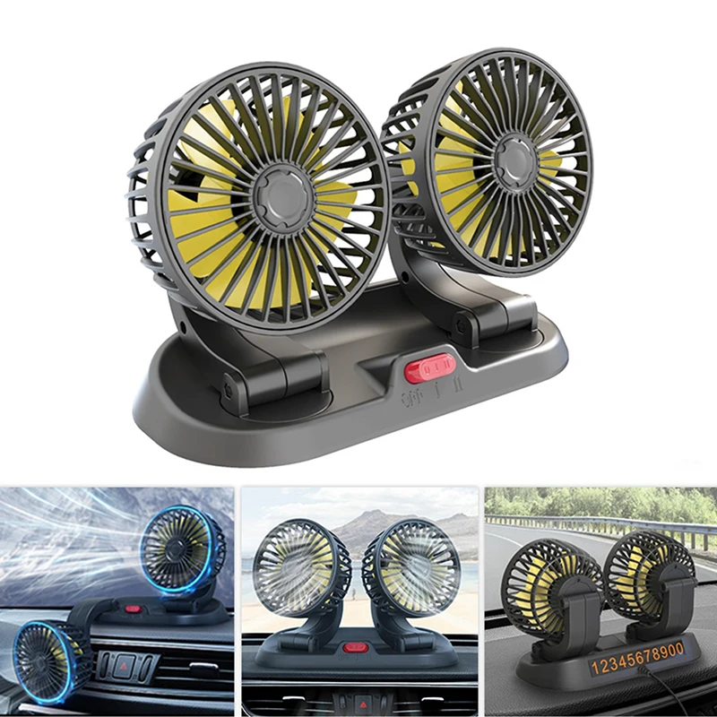 

Car Cooling Fan 360° Adjustable Dual Head Cooling Air Fan Brushless Motor Low Noise Automobile Vehicle Fan Micro USB for Car Use