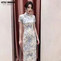 2022 new cheongsam chinese dress clothing vintage floral print women traditional qipao long robe short sleeve vestidos xxxl