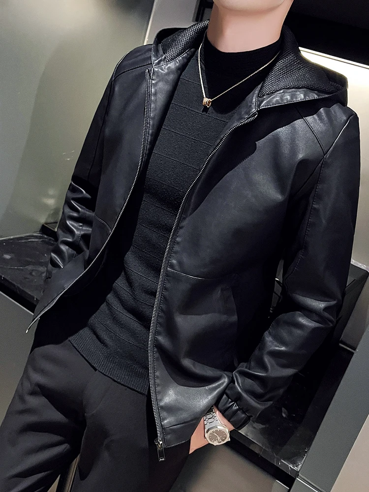 American Autumn New Hood Leather Men's Coat Hooded PU Jacket Casual All-matching Fleece-lined Motorcycle Clothing