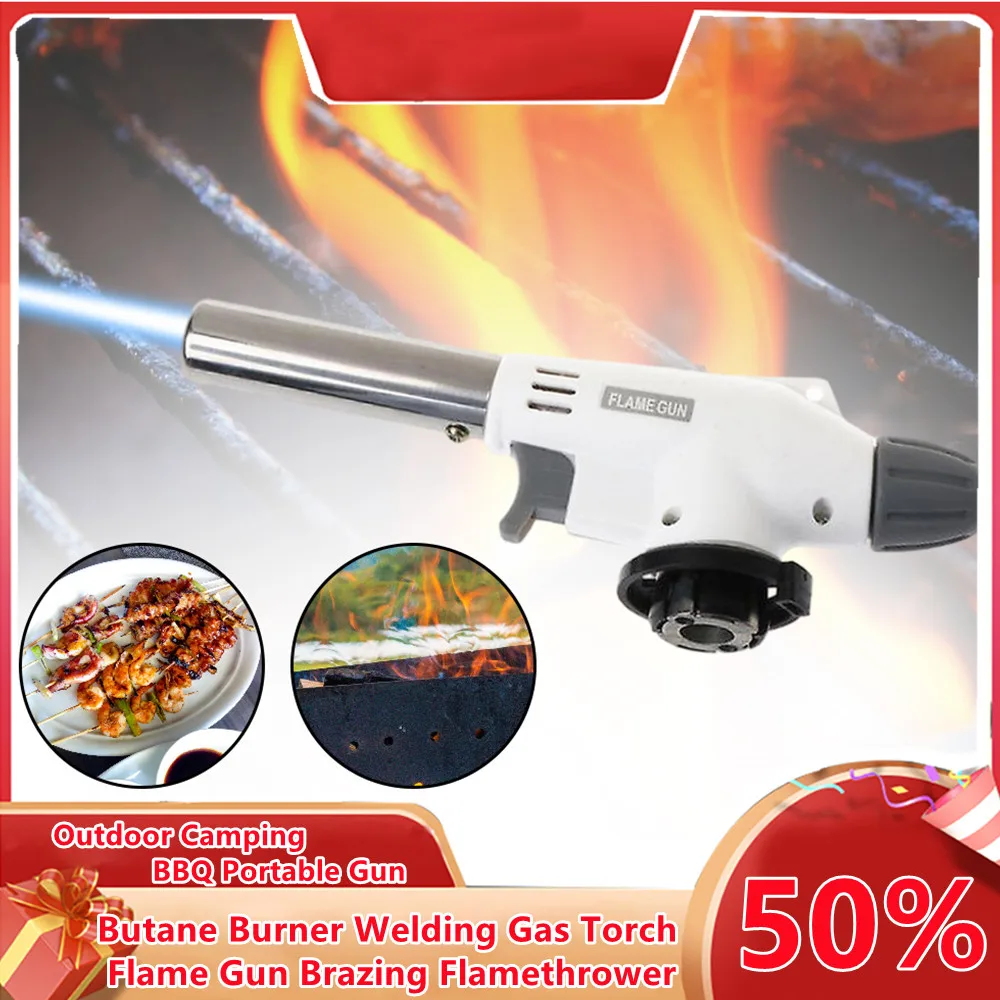 

1300℃ Flame Gun BBQ Portable Butane Burner Welding Gas Torch Flame Gun Brazing Flamethrower Outdoor Camping Gas Spray Gun Heads