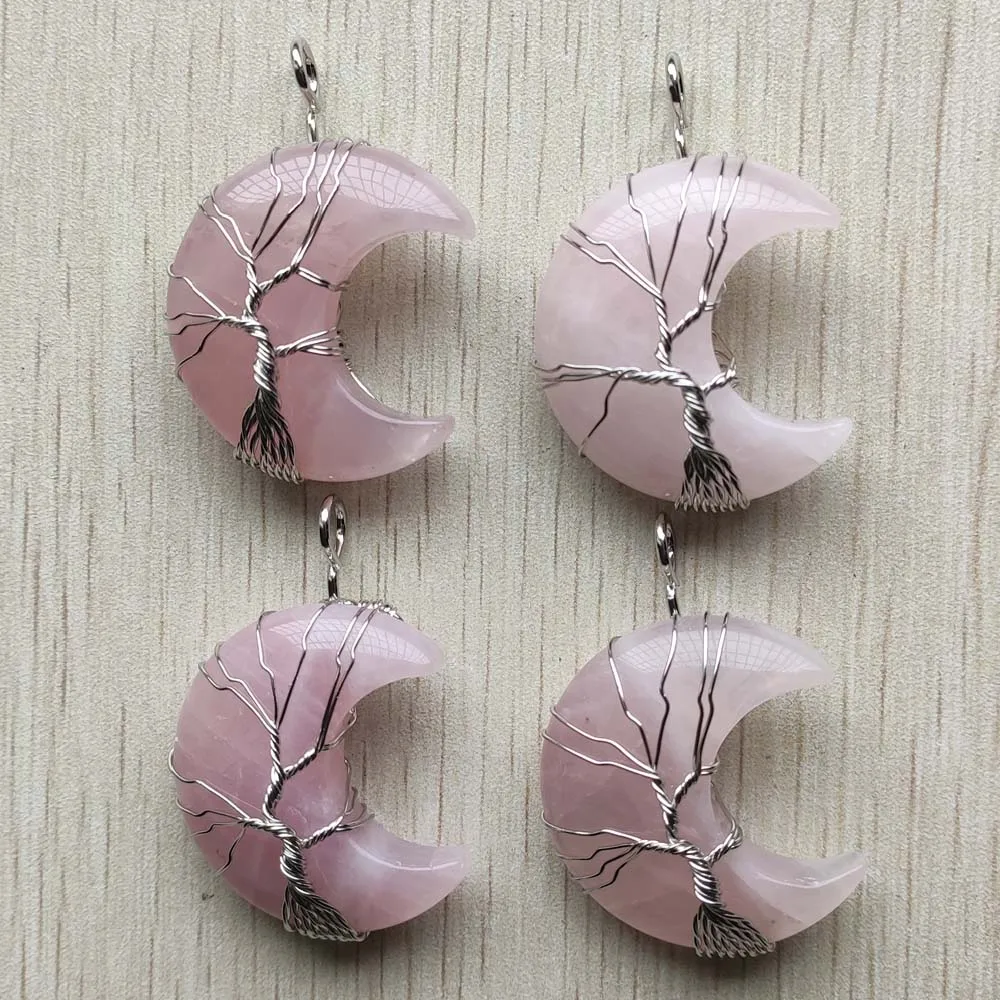 Natural roses quartz stone Handmade tree Of Life Moon Shape pendants for For Men Women Jewelry Wholesale 4pcs/lot free shipping