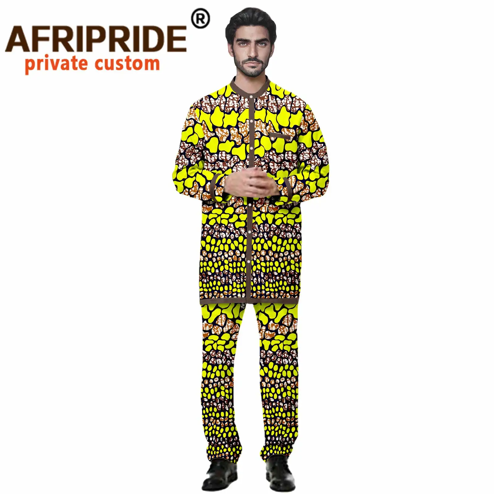 2021 African Men Suits Dashiki Clothing Print Shirts Tops and Long Pants with Pockets 2 Piece Set Ankara Outfit Blouse A2116004