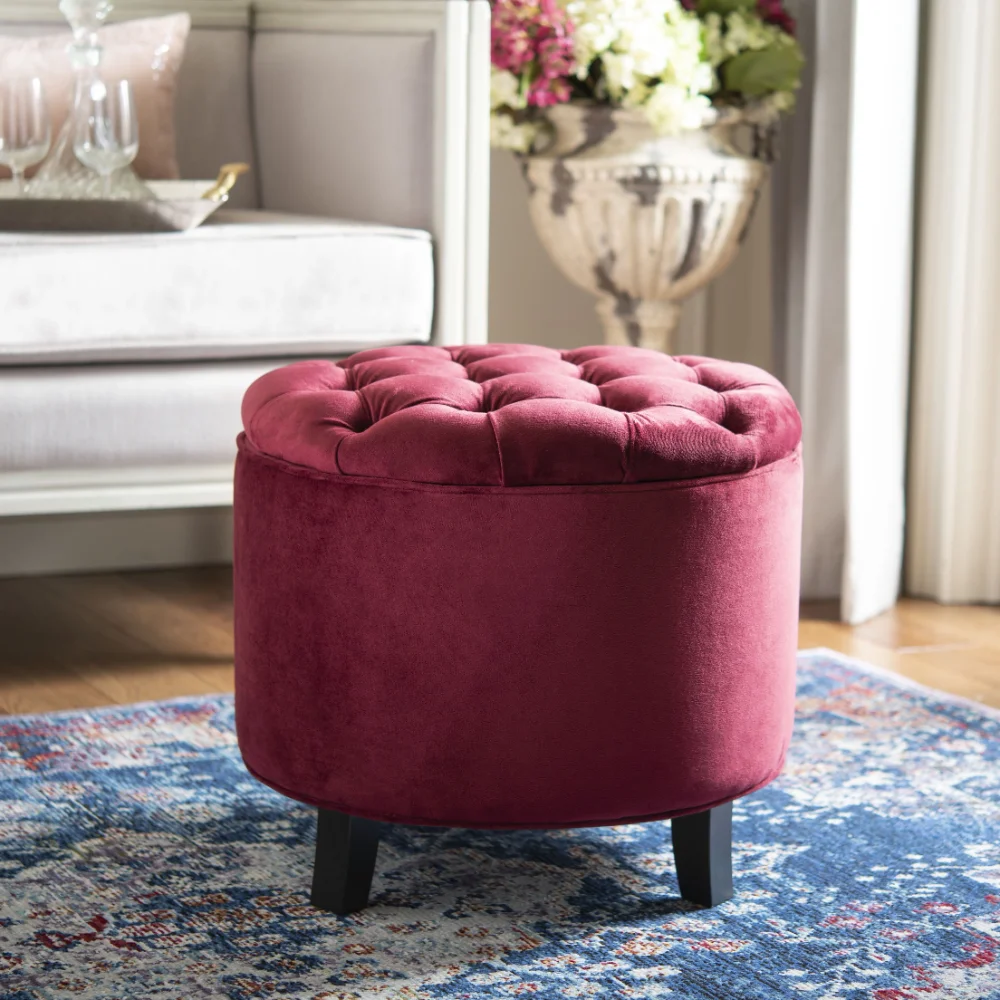 

Amelia Round Upholstered Storage Ottoman, Red/Espresso